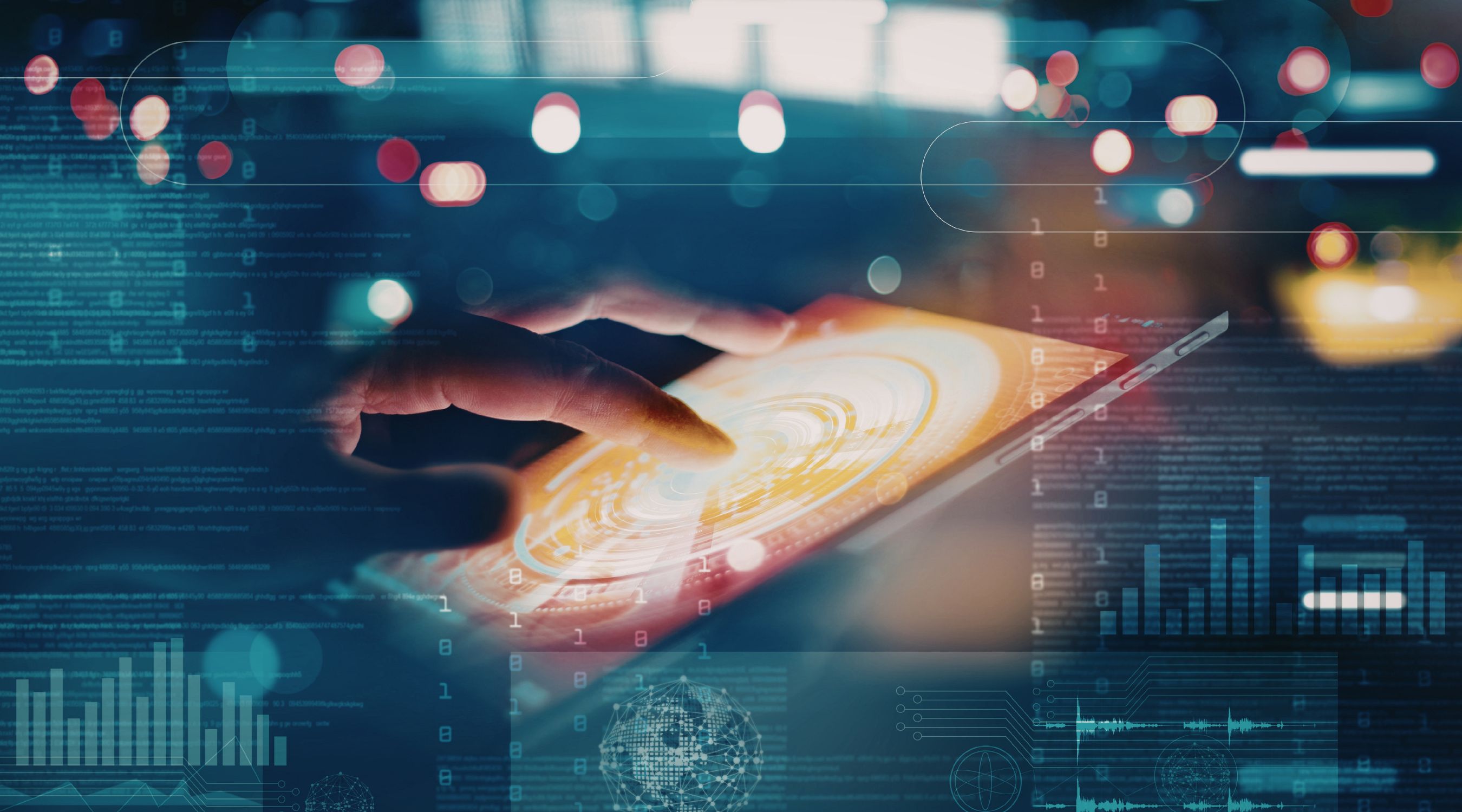 Atelier de fabrication numérique et nouvelles technologies, gros plan sur une main interagissant avec une interface lumineuse sur une tablette tactile