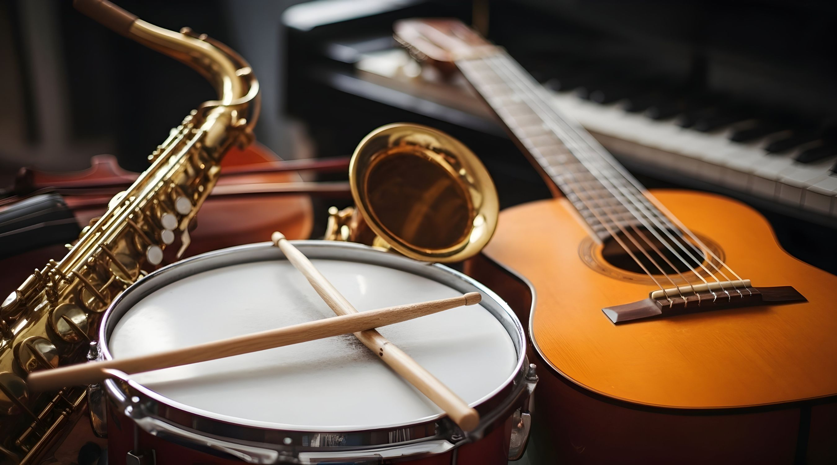 Ateliers musicaux, rassemblement d'instruments comprenant une caisse claire avec ses baguettes, un saxophone doré, une guitare acoustique et un piano