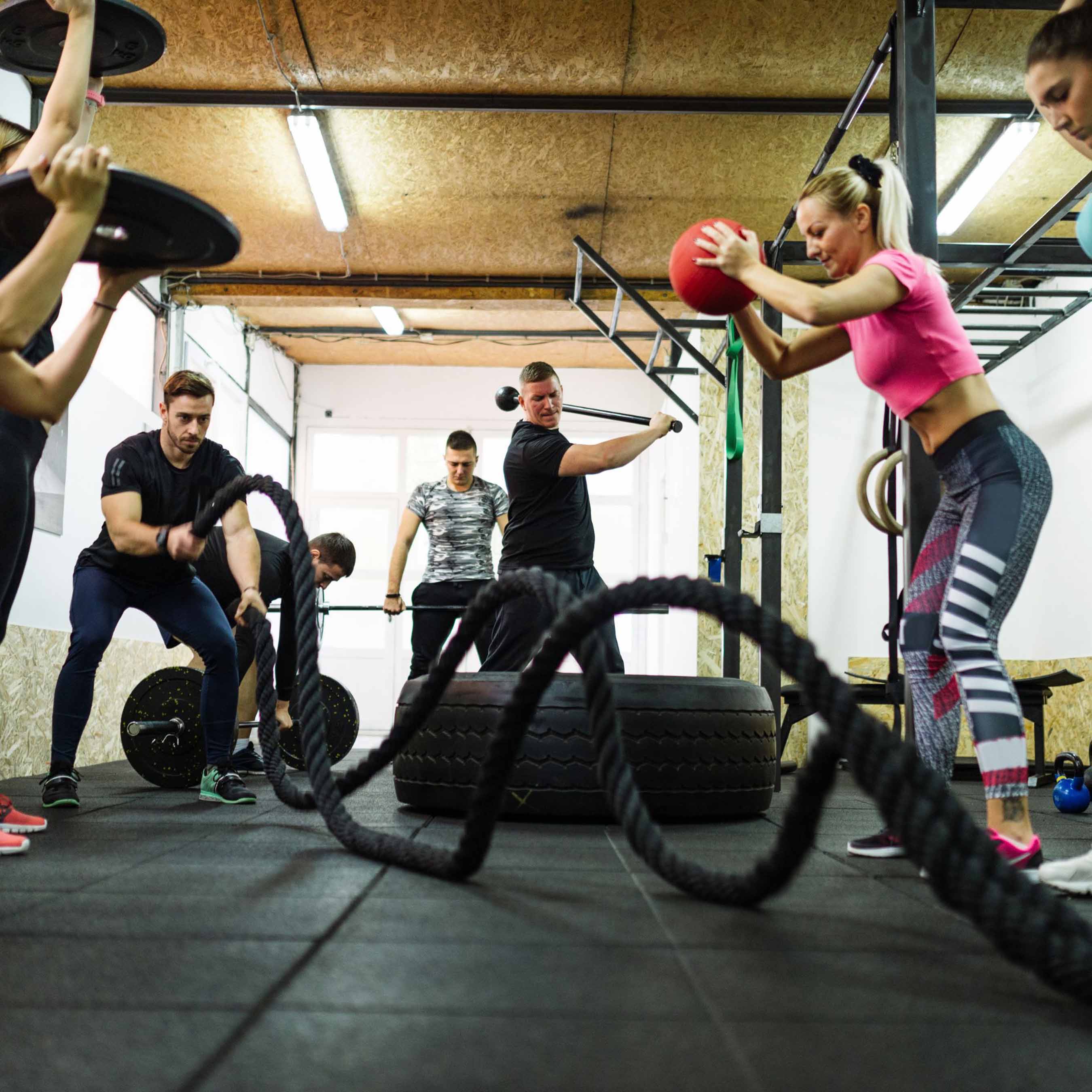 Séance de cross training dynamique, groupe de sportifs s'entraînant intensément en salle avec des cordes ondulatoires, un pneu et un médecine-ball