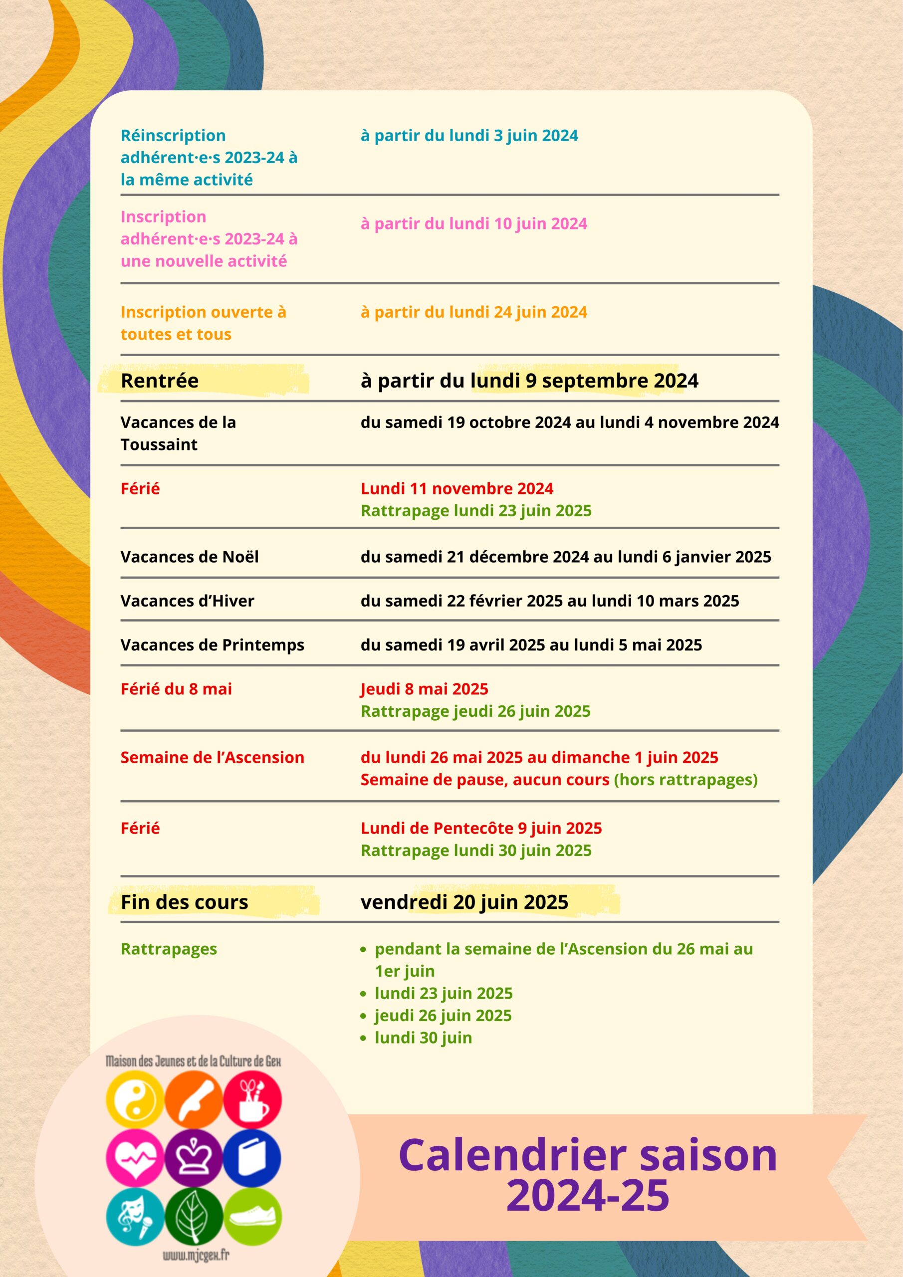 Calendrier saison 2024-2025
