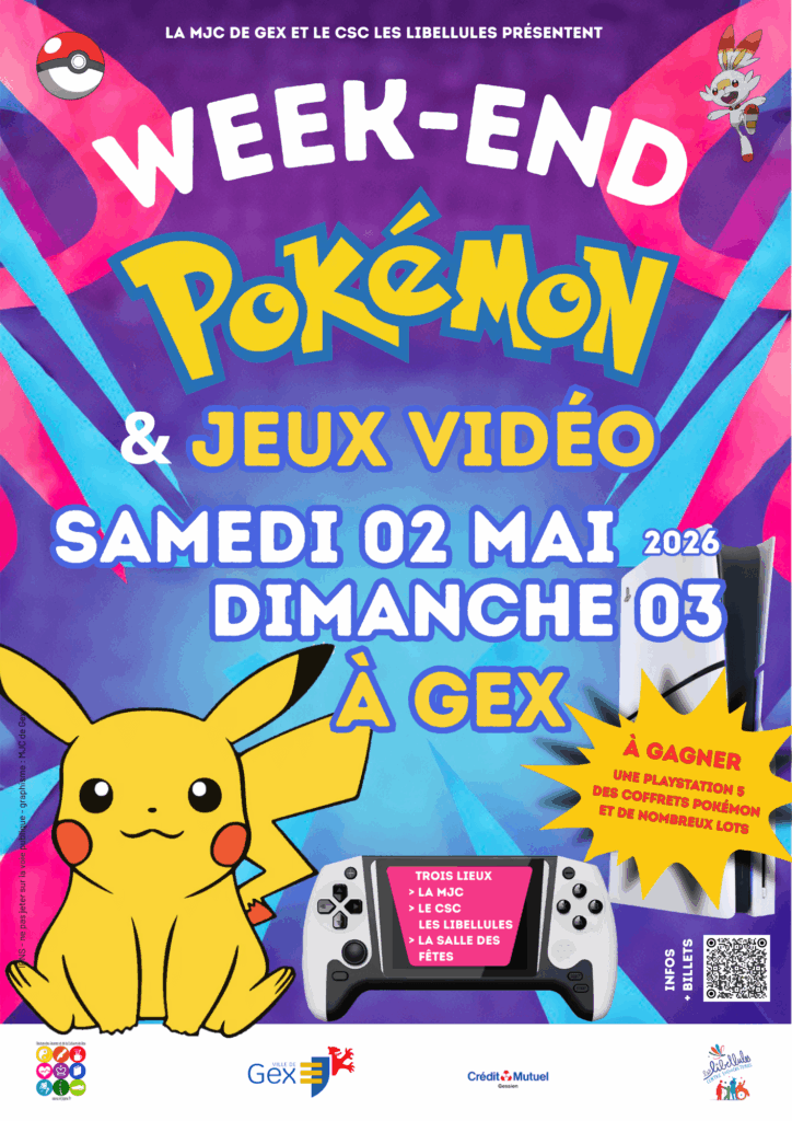 Week-End "Pokemon et jeux video" - 02 et 03 mai 2026 - MJC de Gex - affiche